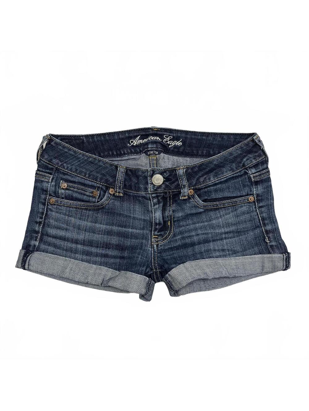 2012 American Eagle Sz 4 Blue Low Rise Mini Cuffed Denim Shorts 2000s Grunge Emo